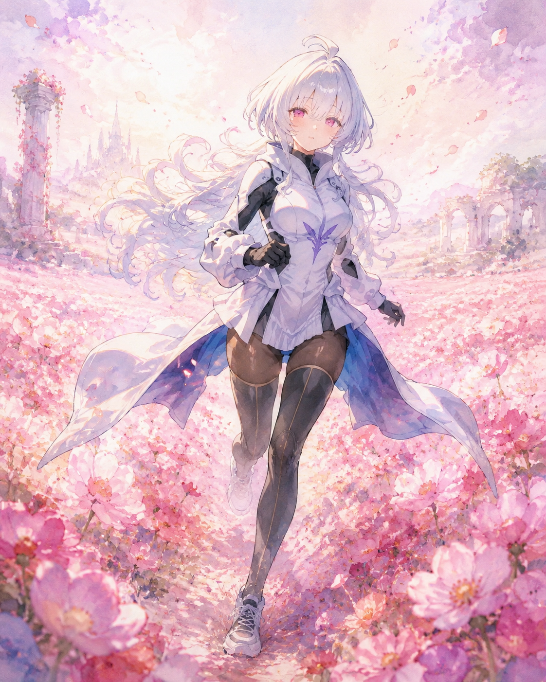 Running through a field of endless pink blooms In the eternal flower garden of Avalon (ethereal watercolor, soft dreamlike lighting)