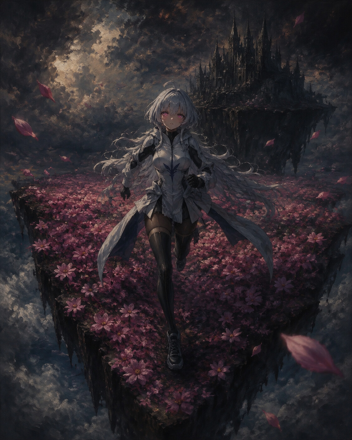 Running through a field of endless pink blooms on a floating island high above the clouds (dark gothic oil painting)