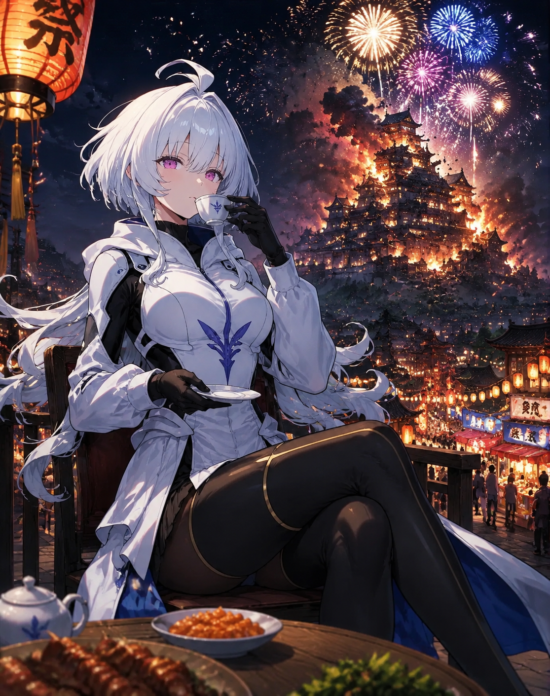 Sipping tea while watching a kingdom fall At a bustling summer festival under fireworks (sleek digital art, high contrast sharp lines)