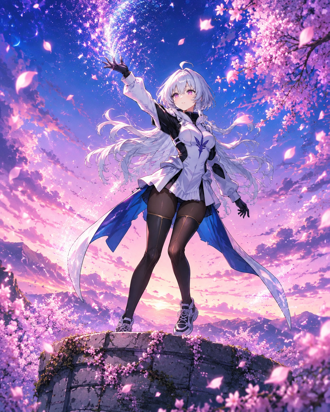 Tossing a handful of stardust into the air At the top of a stone tower without doors (vibrant anime art, swirling cherry blossom aesthetic)