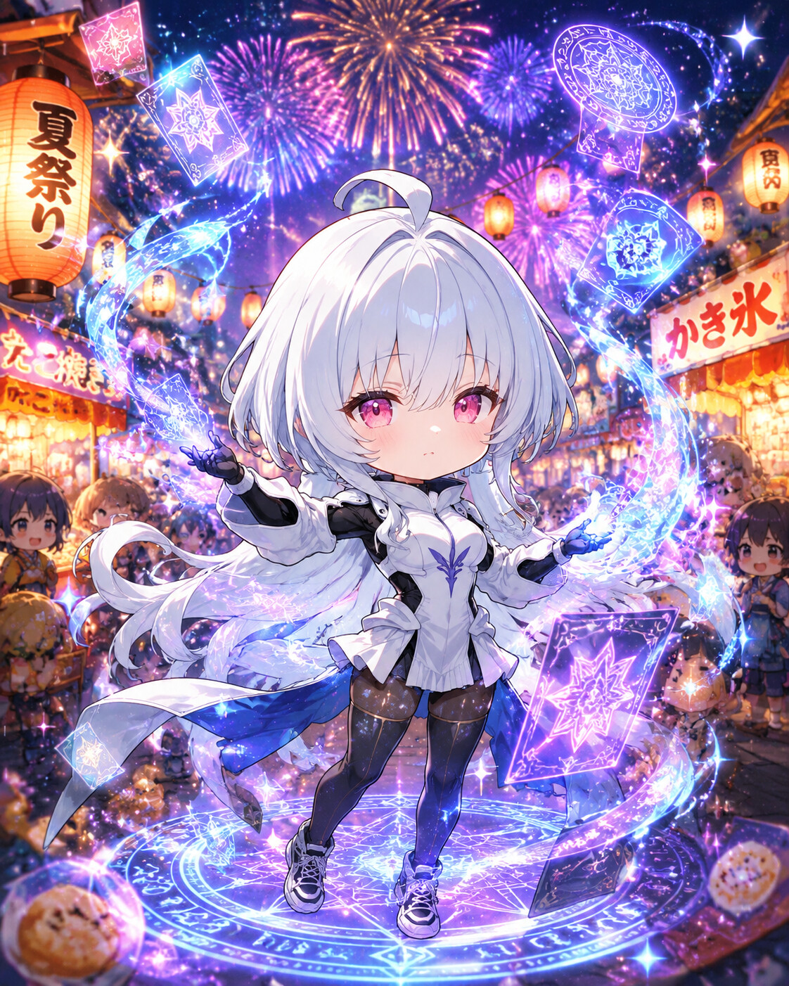 Weaving intricate illusions with rhythmic hand gestures at a bustling summer festival under fireworks (chibi style)