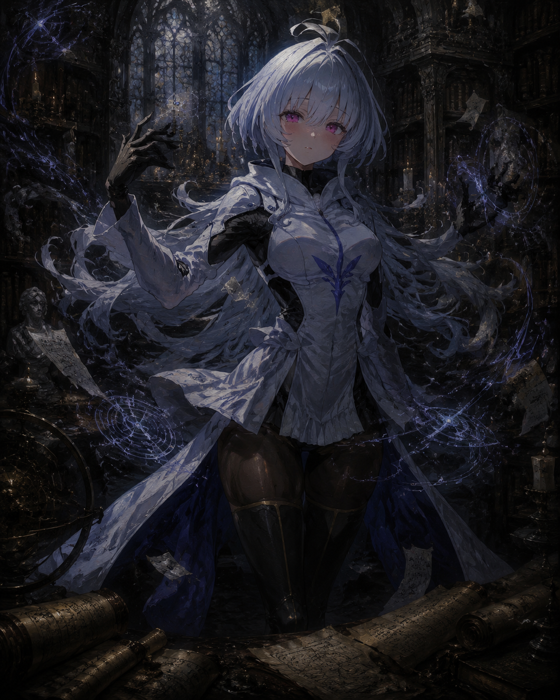Weaving intricate illusions with rhythmic hand gestures In a quiet library filled with ancient scrolls (dark gothic oil painting, moody and mysterious)