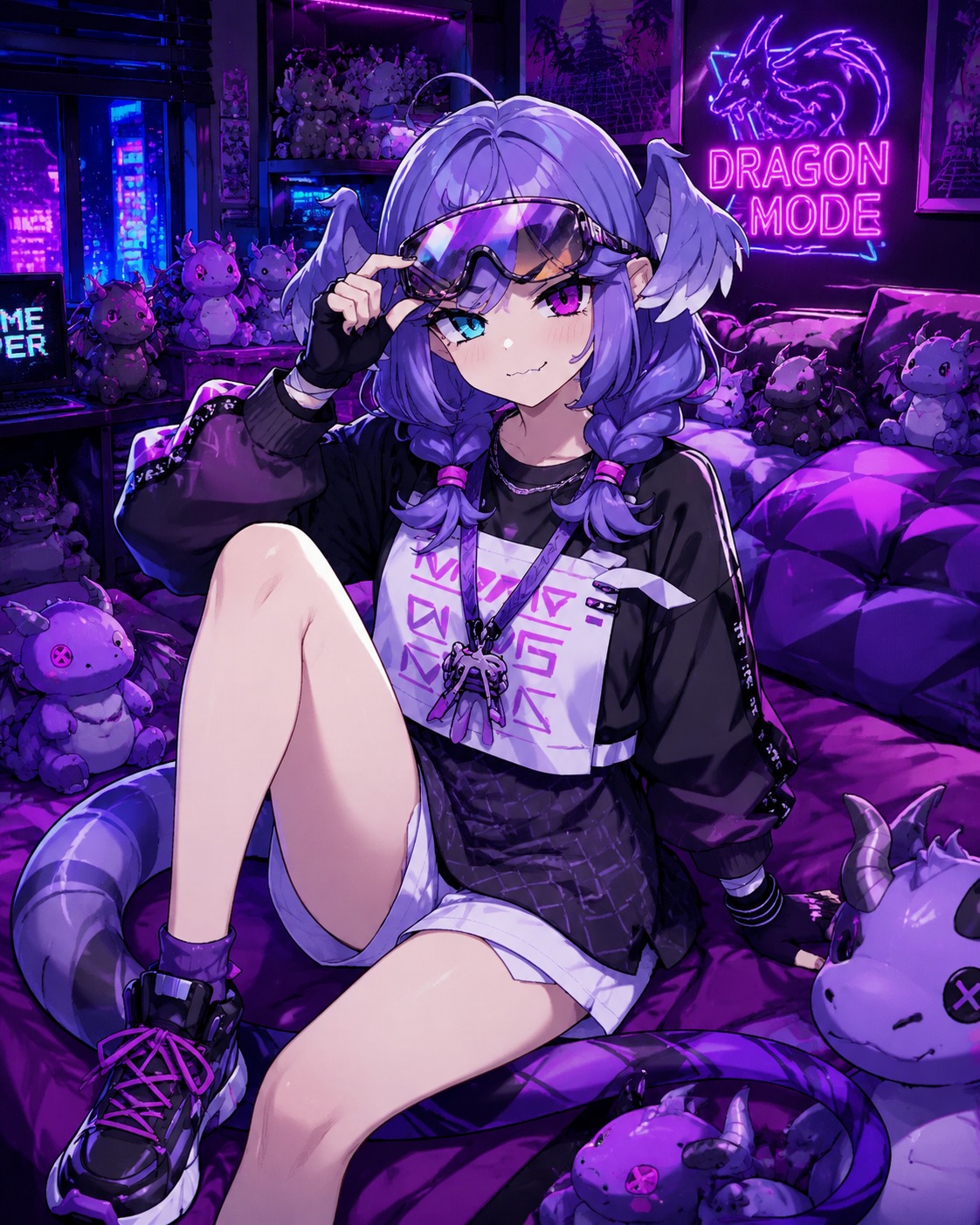 Adjusting her racing goggles with a smirk In a cozy bedroom filled with dragon plushies (vibrant neon vaporwave, high contrast)