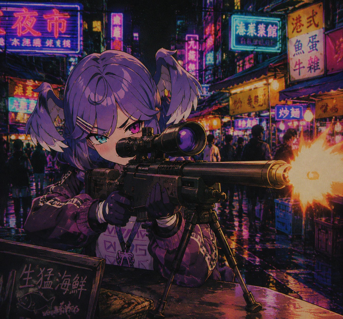 Firing a sniper rifle with focused precision In a bustling neon-lit night market (90s retro anime, lo-fi aesthetic)