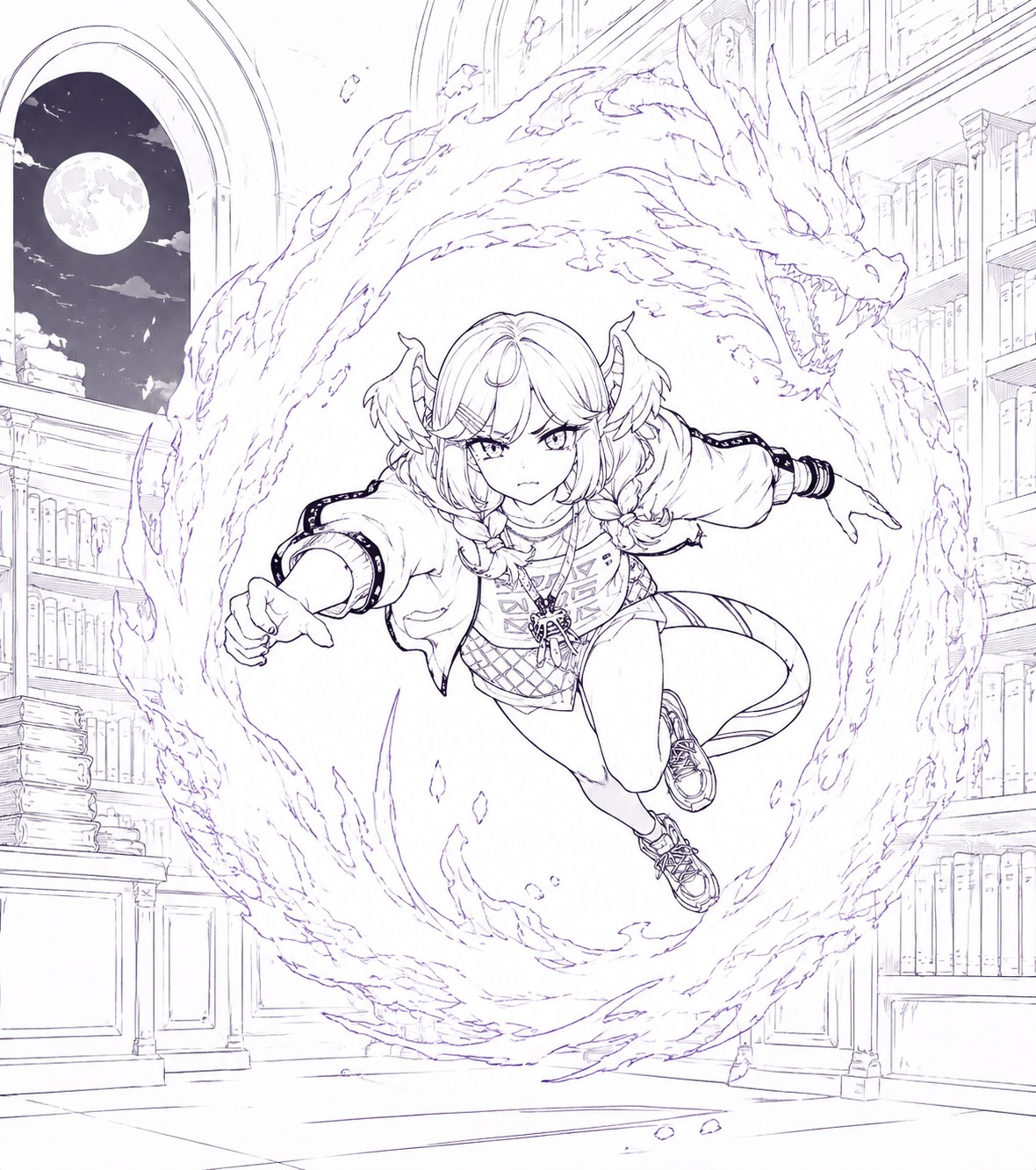 Flying through a ring of purple dragon fire In a quiet moonlit library (minimalist line art, monochrome ink)