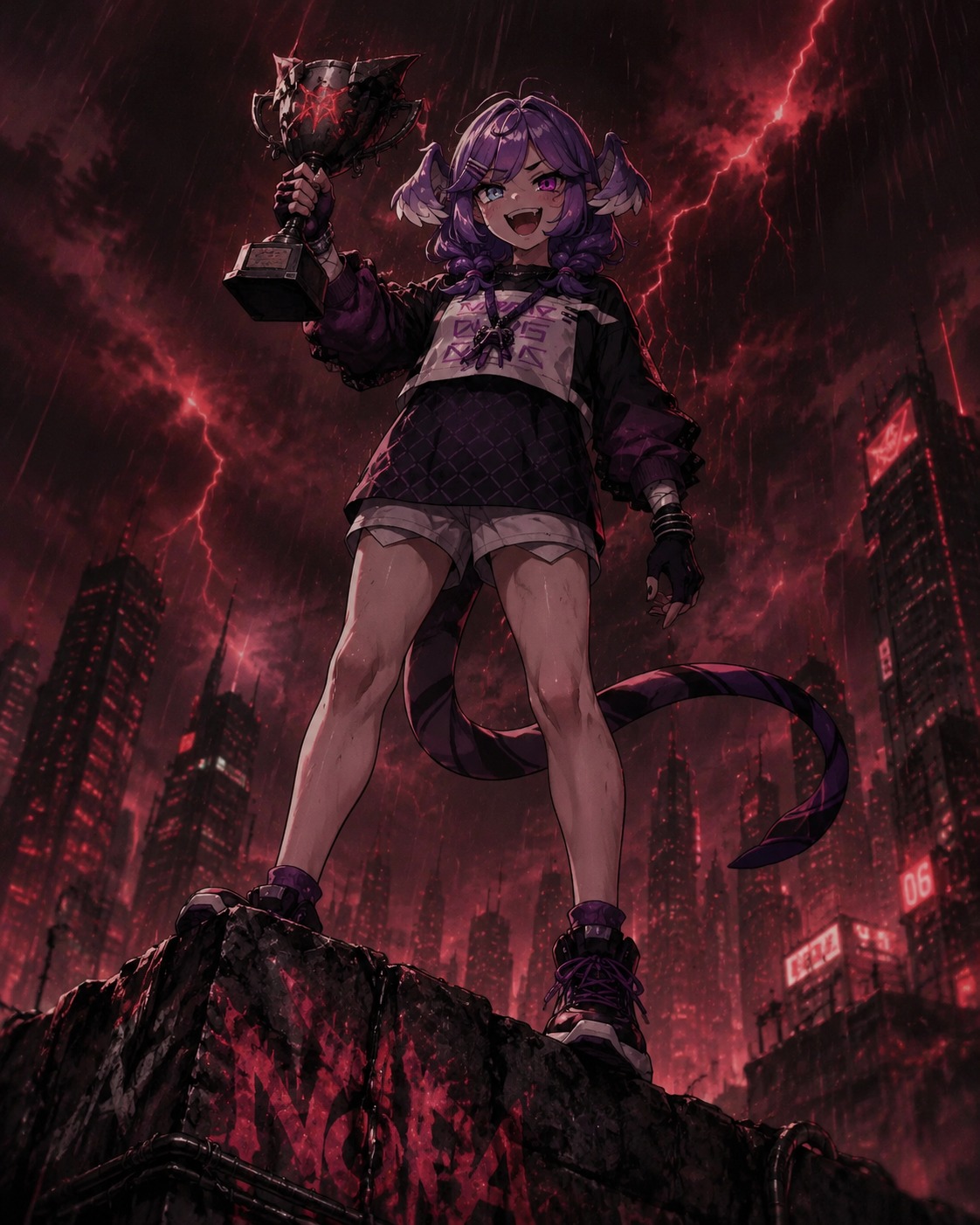 Laughing maniacally while holding a trophy On a jagged rocky cliff during a thunderstorm (gritty cyberpunk, harsh red lighting)