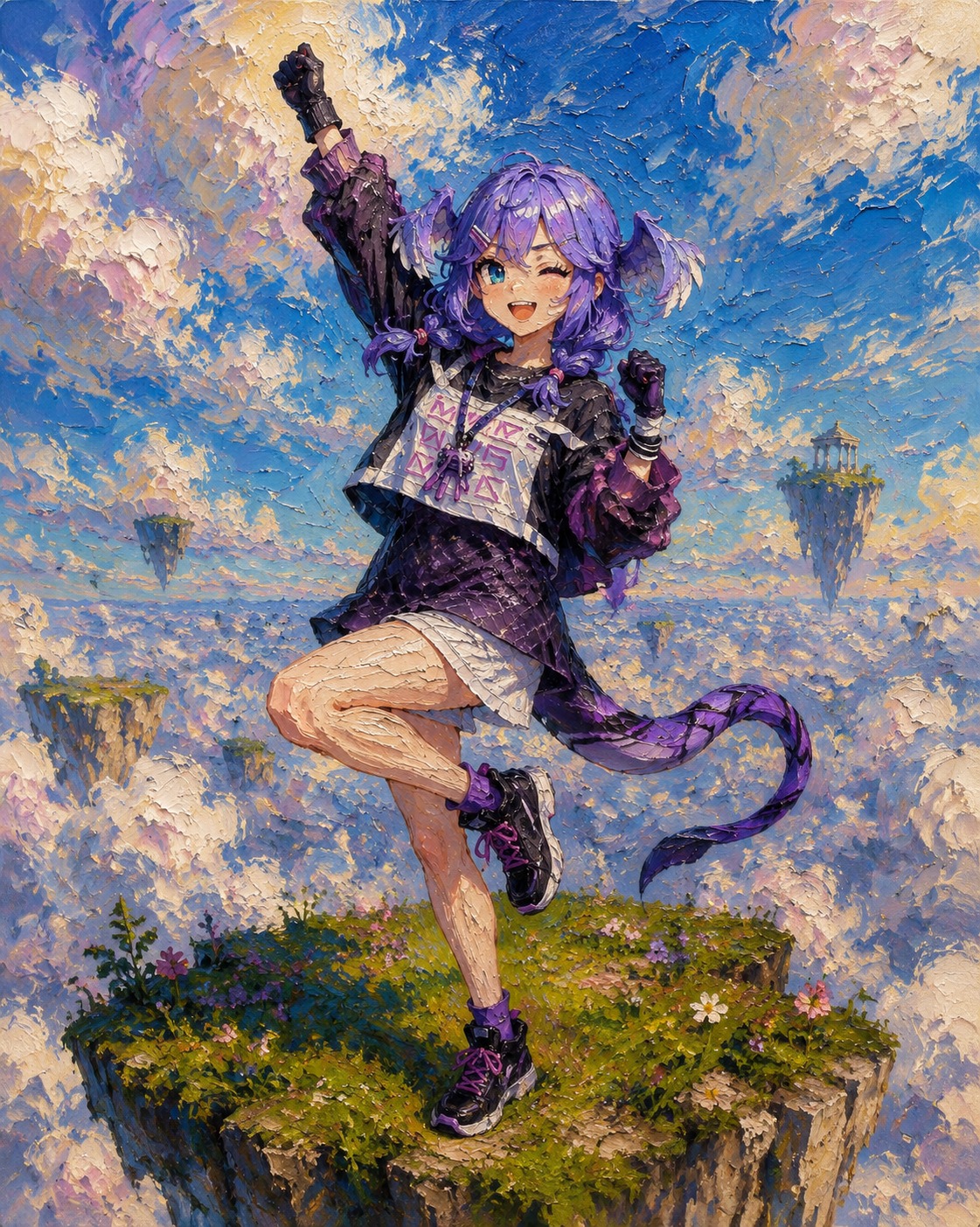 Practicing a celebratory victory dance On a floating island high above the clouds (oil painting, thick impasto brushstrokes)