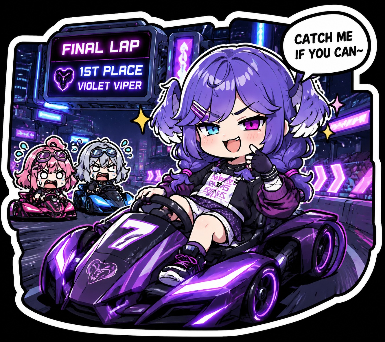 Teasing her friends with a smug expression At a futuristic high-stakes racing track (chibi sticker style, thick outlines)