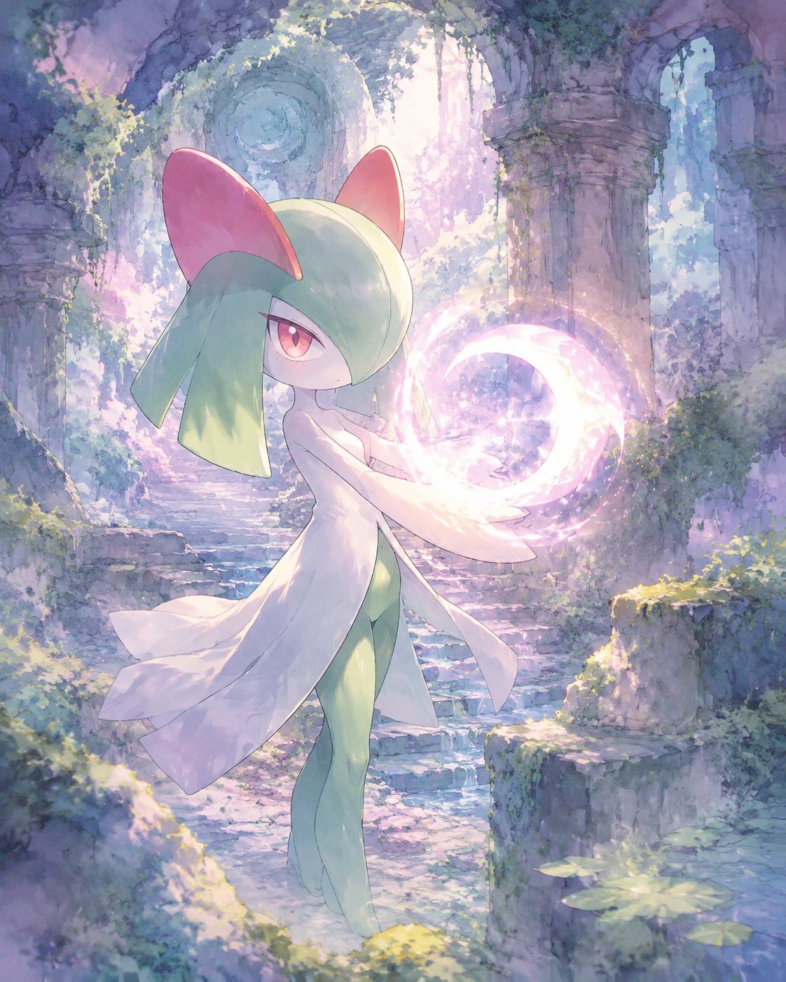 Charging a bright neon moonblast In a forgotten shrine overgrown with moss (ethereal watercolor, soft pastel palette)