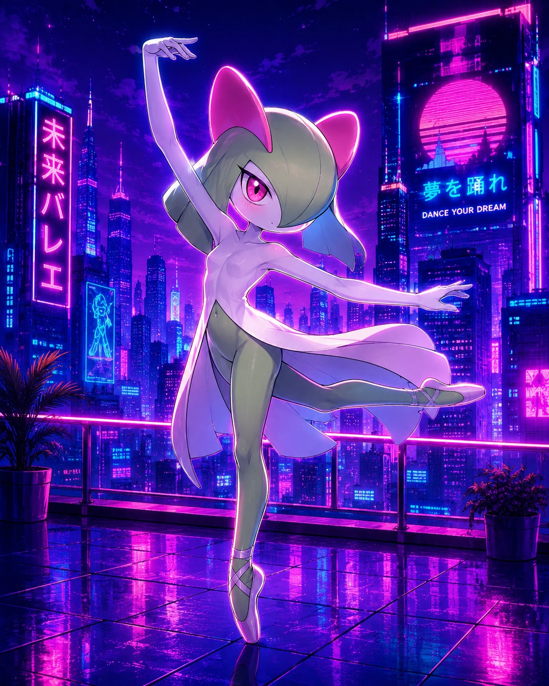 Dancing a graceful ballet routine On a rooftop terrace overlooking a futuristic city (neon synthwave, vibrant glowing edges)