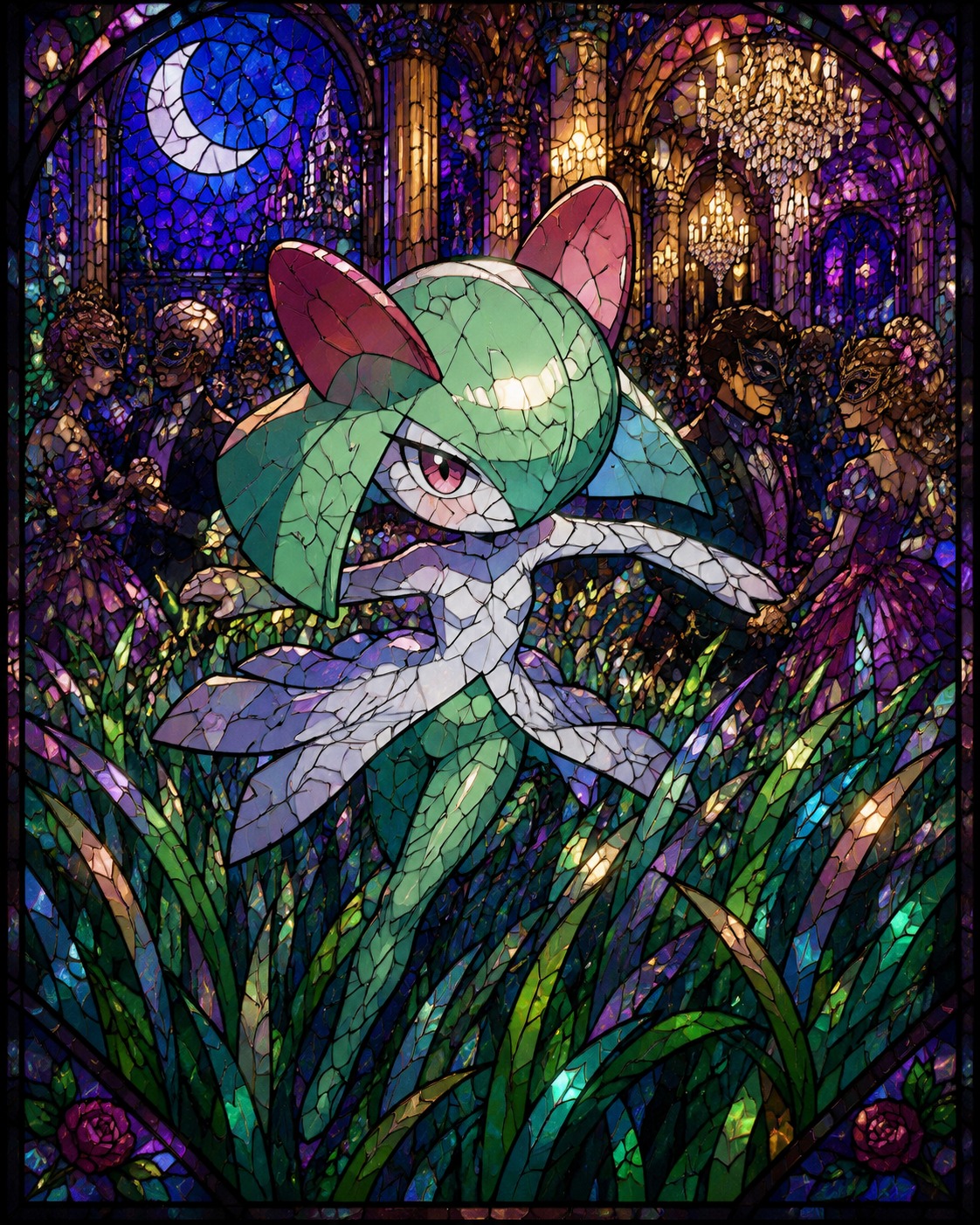 Sprinting through a field of tall grass At a bustling midnight masquerade ball (stained glass mosaic, iridescent lighting)
