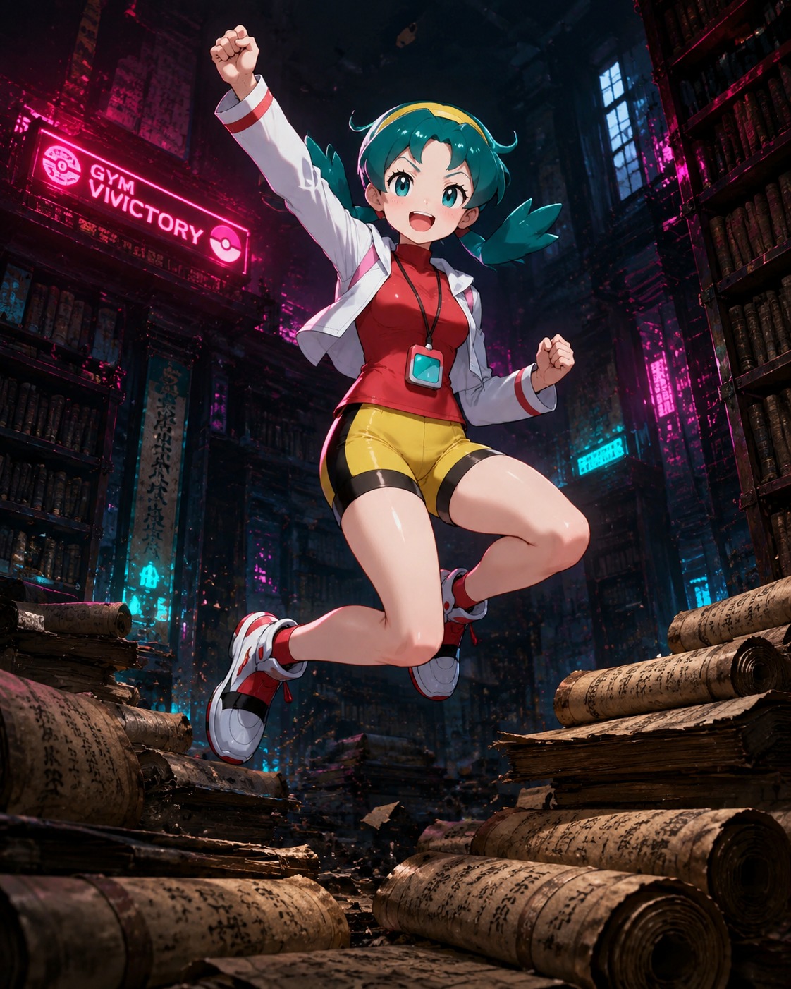 Celebrating a gym victory with a triumphant leap In a quiet library surrounded by ancient dusty scrolls (gritty cyberpunk aesthetic, sharp neon lighting)