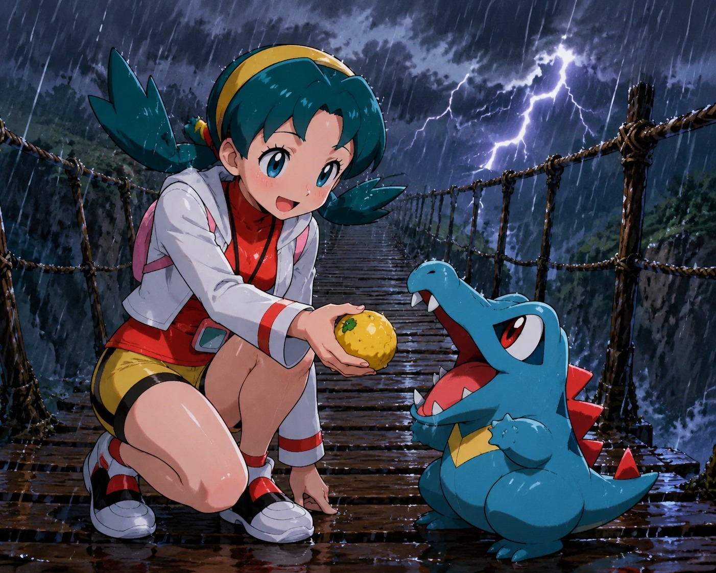 Feeding a sitrus berry to a hungry totodile On a swaying rope bridge during a heavy thunderstorm (vintage 90s anime cel, vibrant saturated colors)