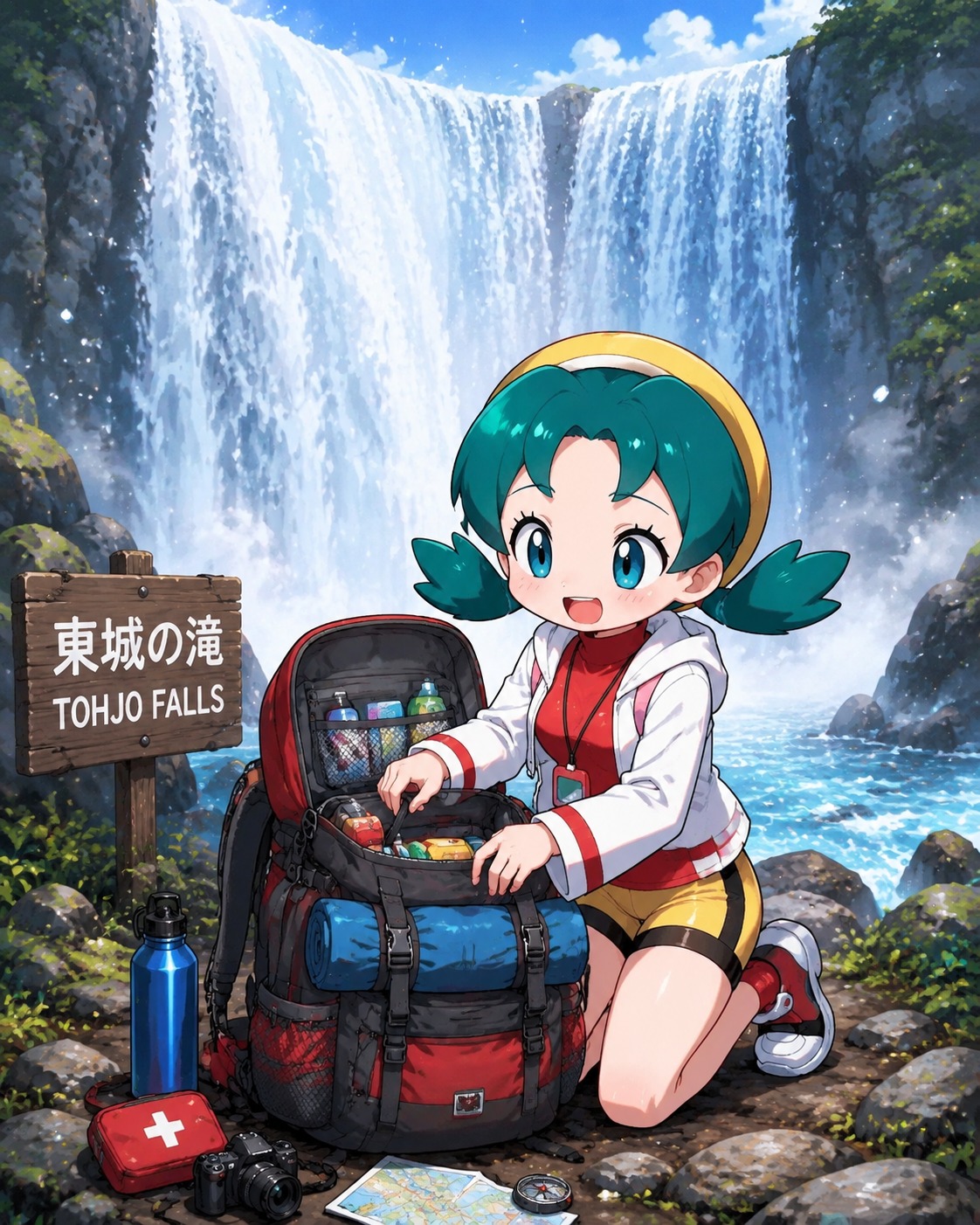 Meticulously reorganizing her heavy travel backpack Behind a massive roaring waterfall in the Tohjo Falls (bubbly chibi style, rounded features and bright highlights)