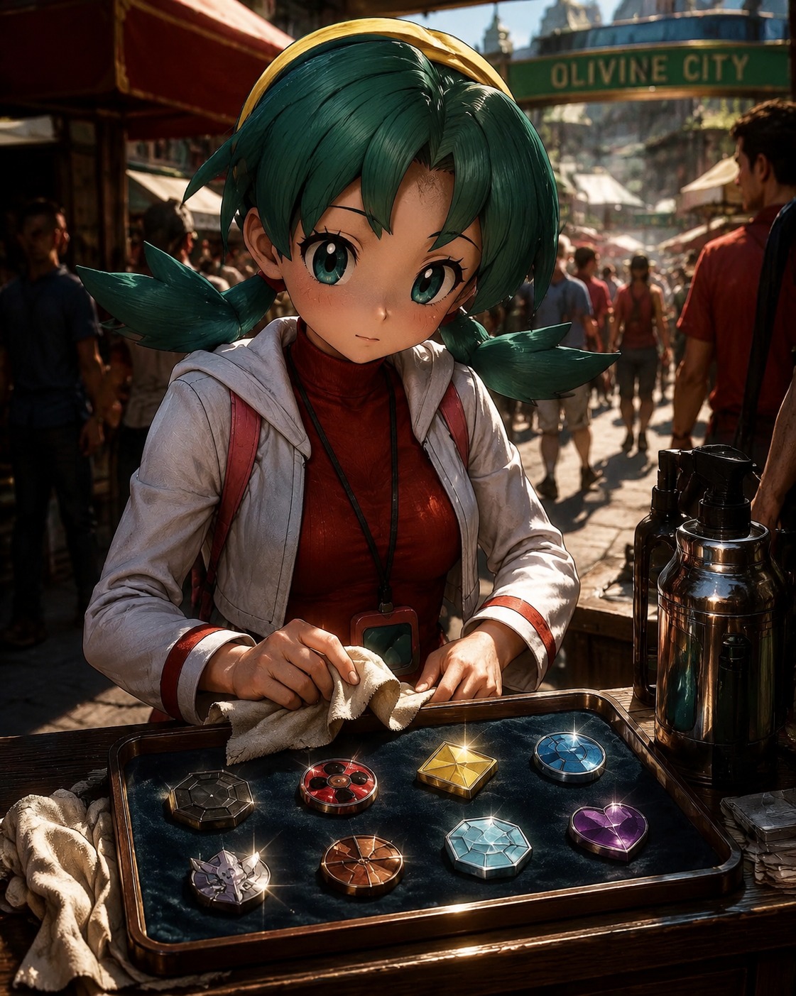Polishing a collection of sparkling johto badges At a bustling outdoor market in Olivine City (cinematic realism, dramatic shadows and high contrast)