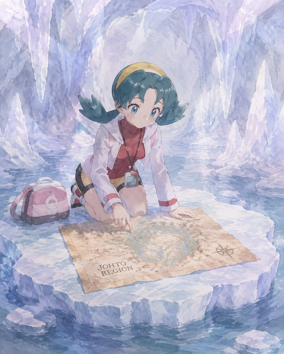 Studying an ancient map of the johto region On a floating ice floe inside a frozen cavern (soft watercolor illustration, ethereal pastel tones)