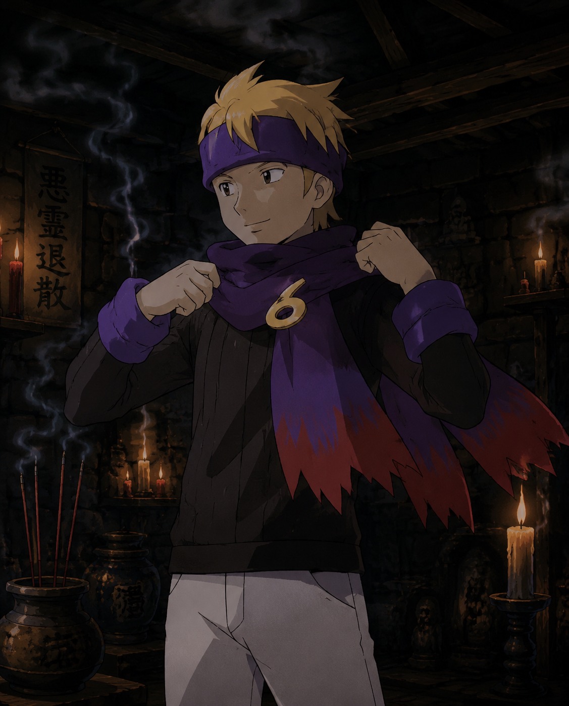 Adjusting his signature striped scarf In a dim candlelit basement filled with incense smoke (classic 90s anime cel shaded style)