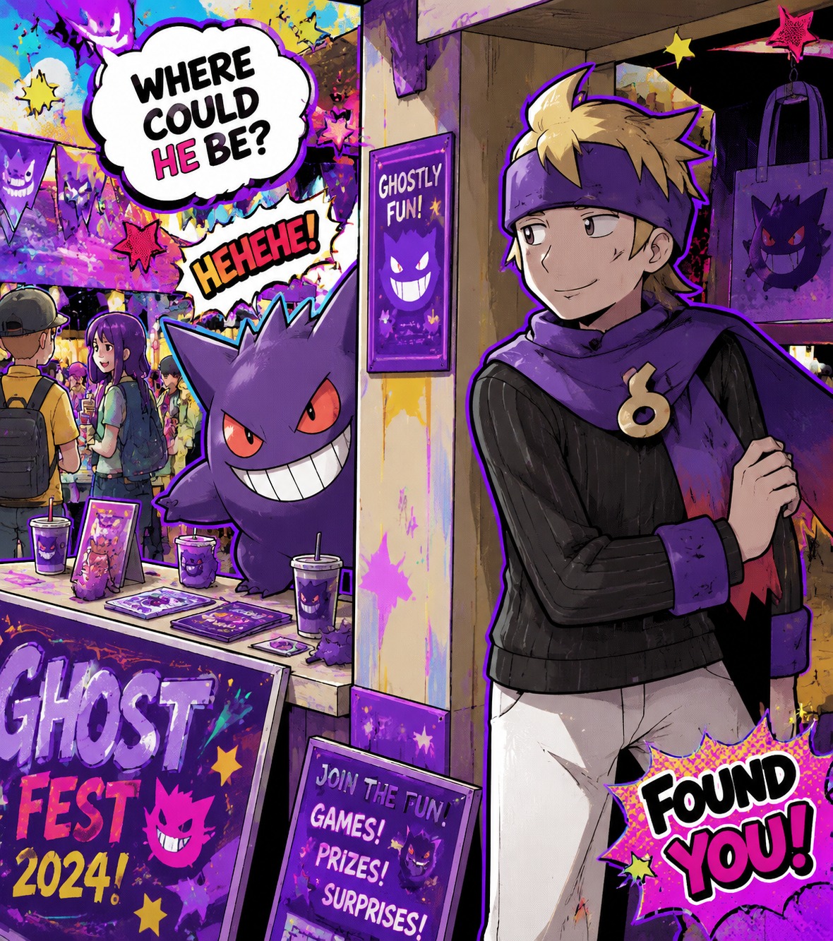 Playing hide-and-seek with a mischievous gengar At a busy modern festival booth (vibrant pop art with bold purple outlines)