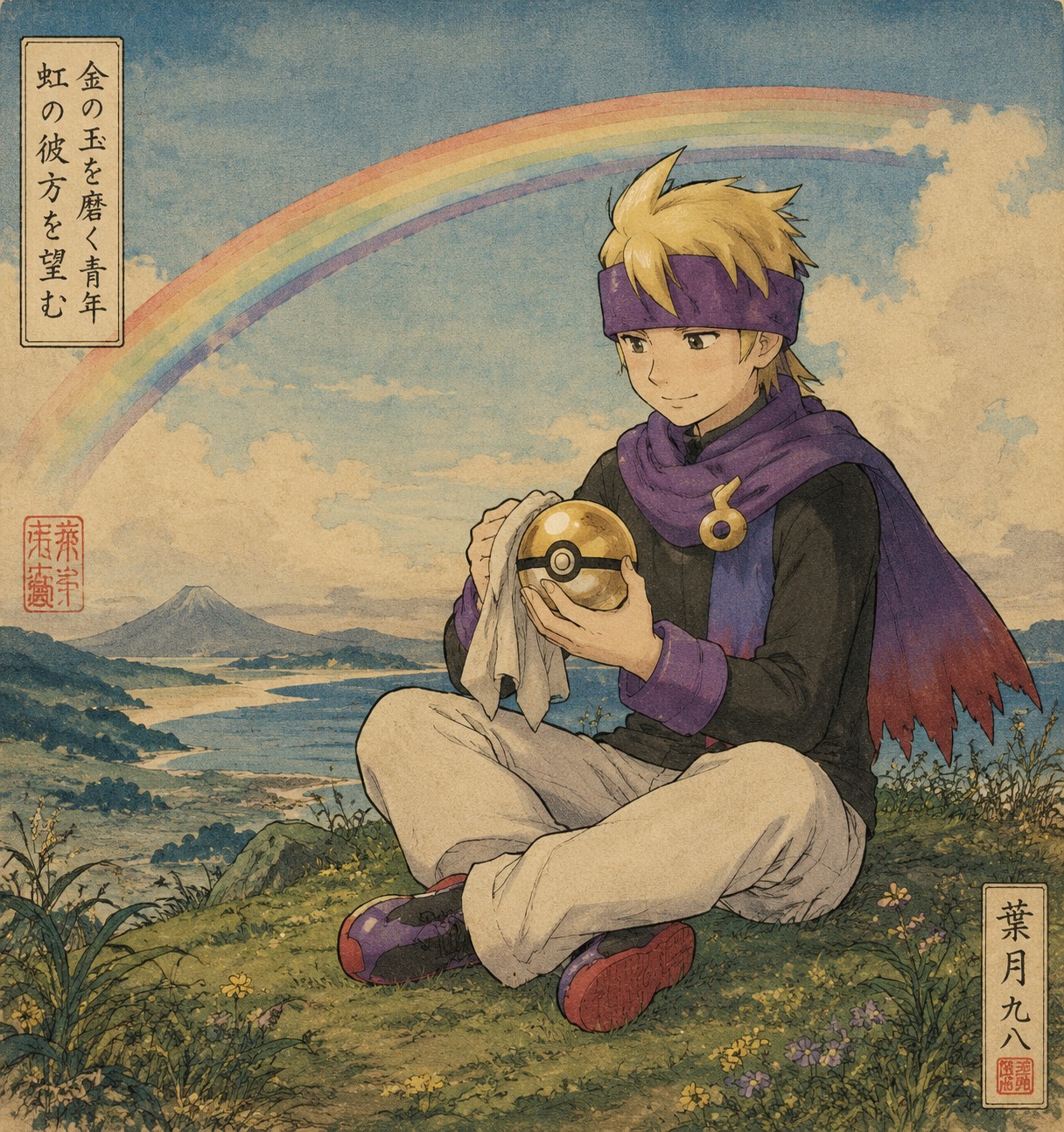Polishing his favorite golden pokeball On a grassy hill overlooking a distant rainbow (delicate ukiyo-e woodblock print aesthetic)
