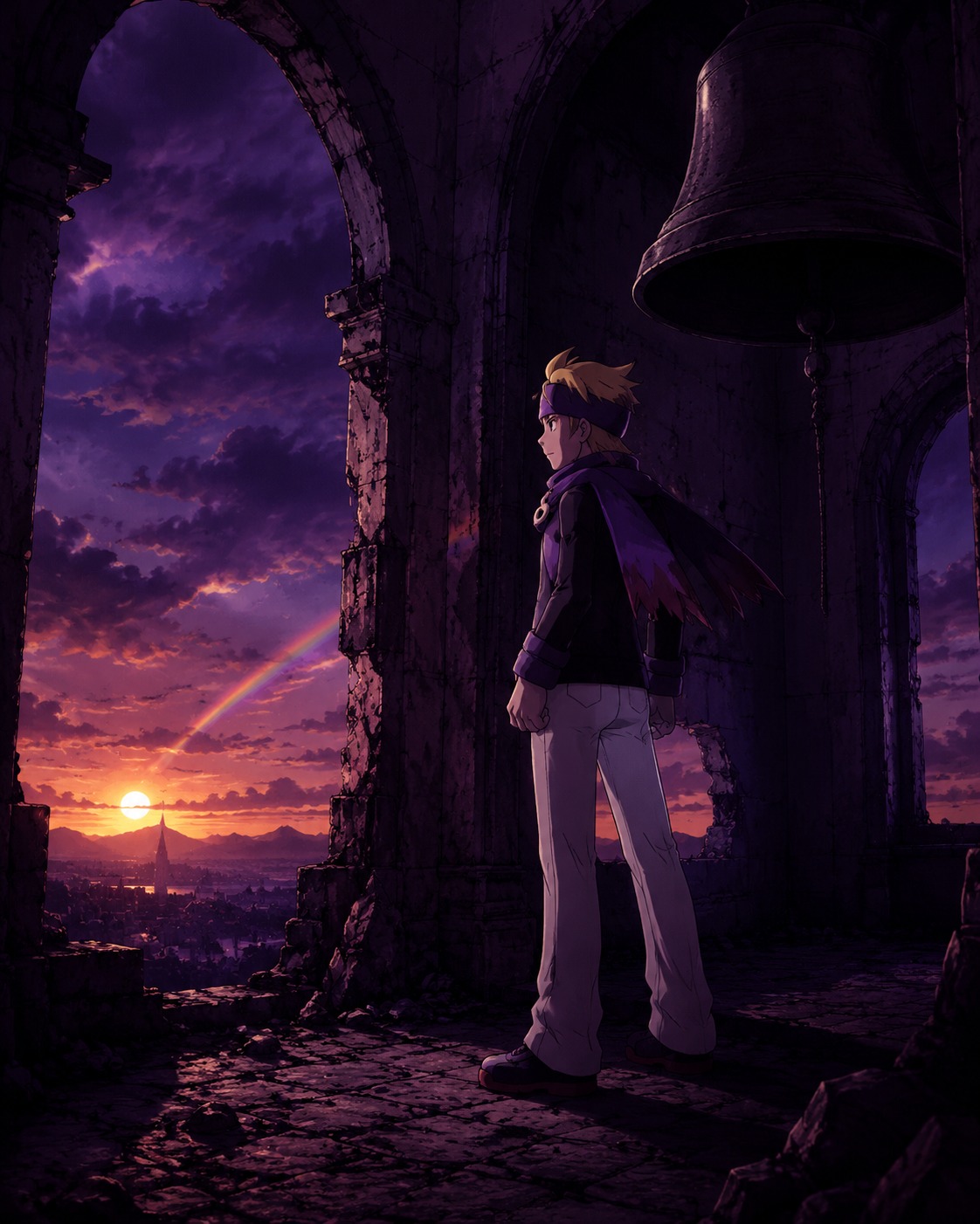 Searching the horizon for a rainbow trail In the crumbling Bell Tower at sunset (cinematic noir with dramatic violet lighting)