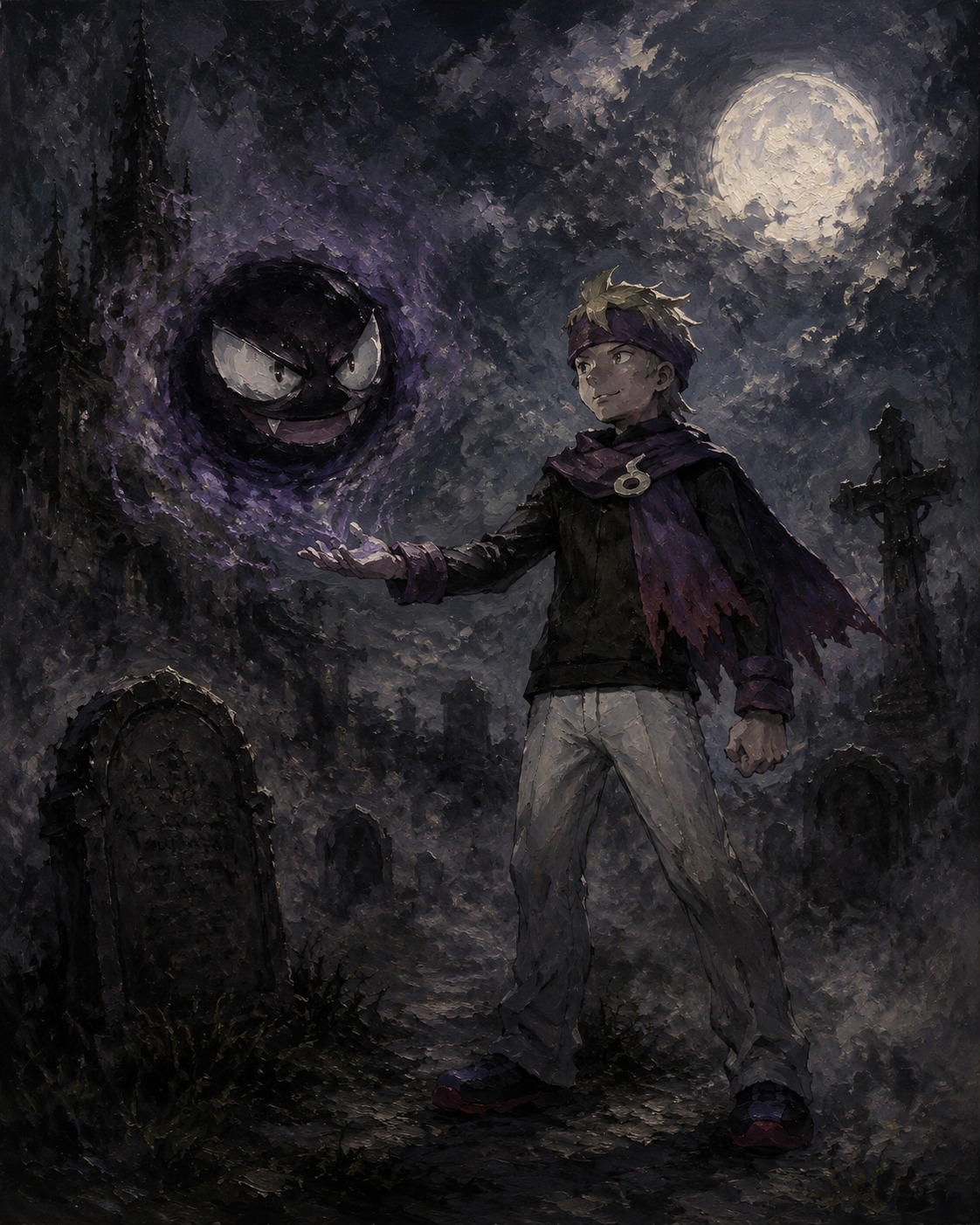 Summoning a shadowy gastly from thin air In a foggy graveyard under a full moon (dark gothic oil painting with heavy brushstrokes)