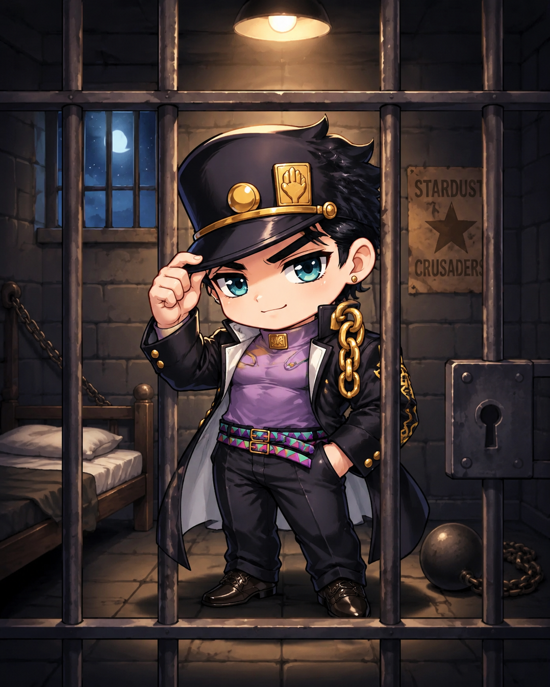 Adjusting his iconic hat brim In a dimly lit prison cell behind bars (chibi style, bright and playful colors)