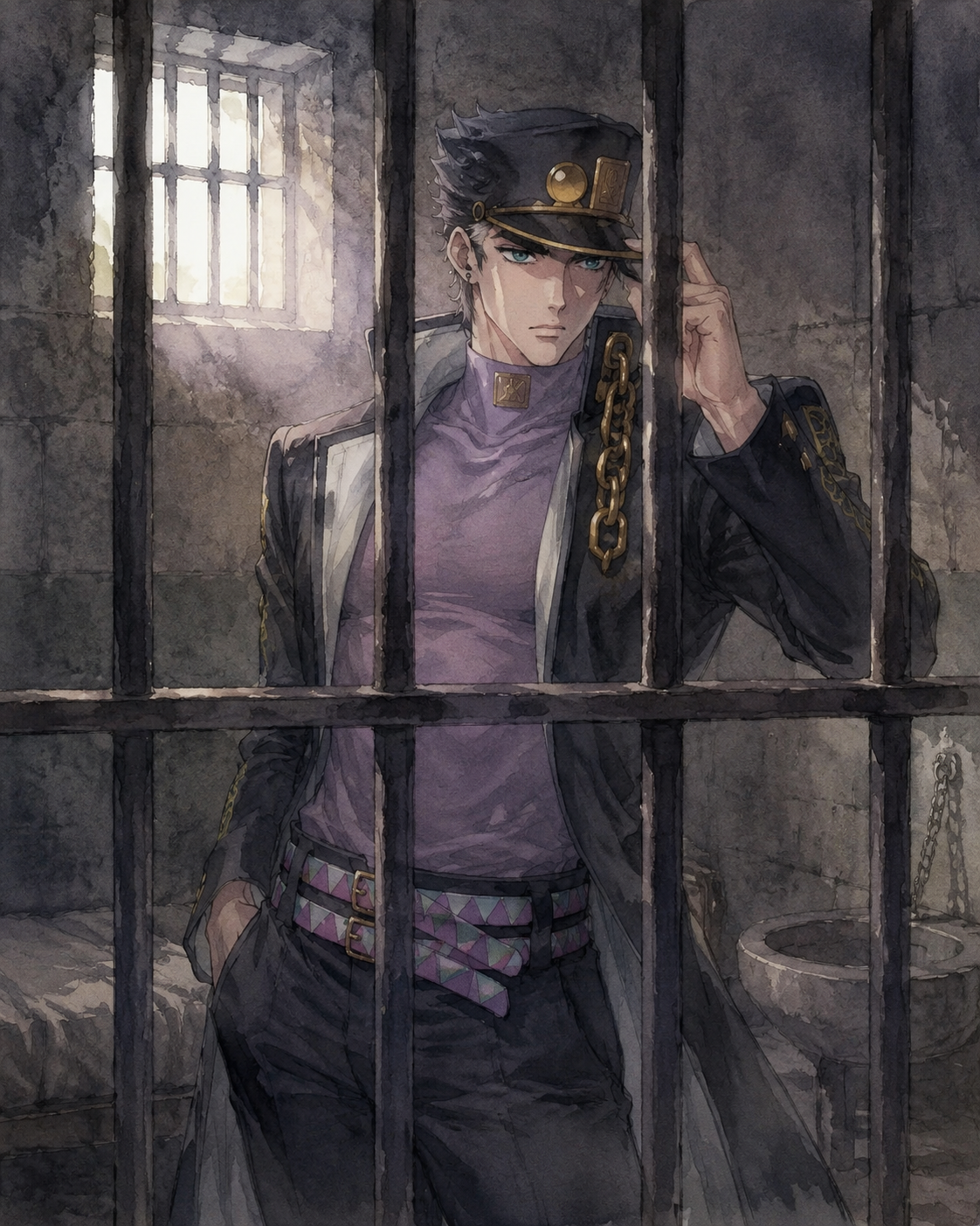 Adjusting his iconic hat brim In a dimly lit prison cell behind bars (soft watercolor, hazy morning light)