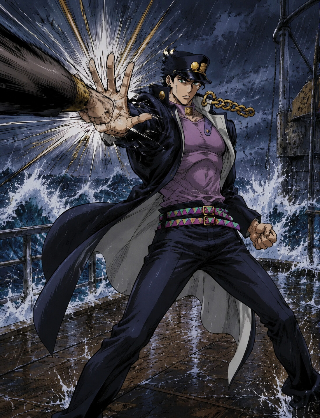 Deflecting an incoming attack with brute force on a stormy boat deck amidst crashing waves (90s retro anime style)