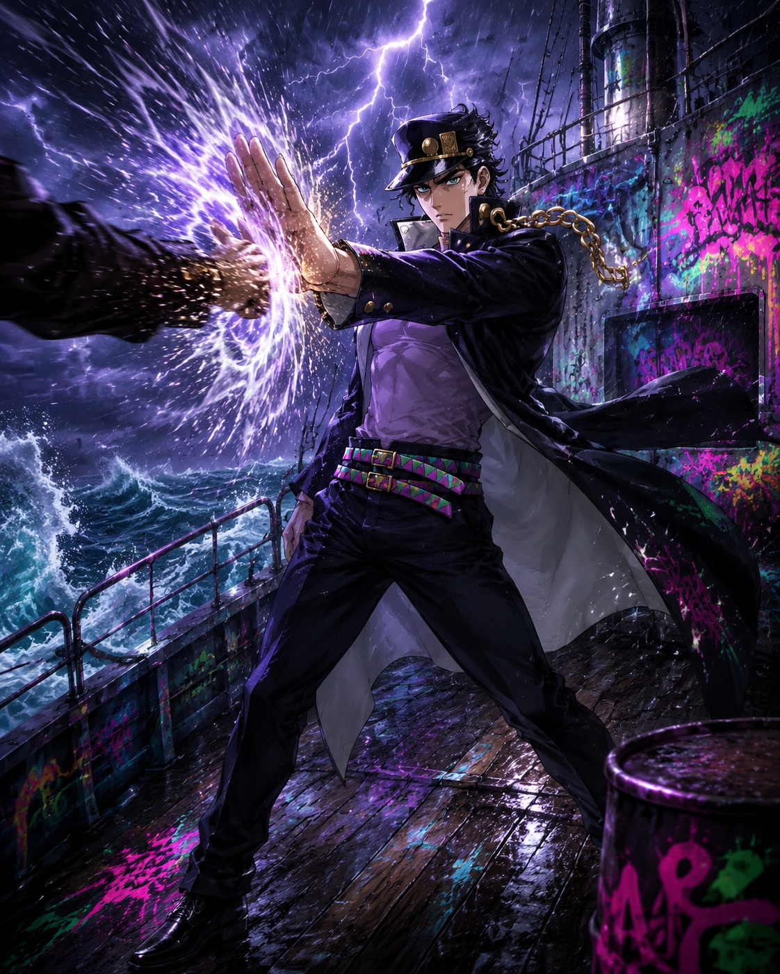 Deflecting an incoming attack with brute force On a stormy boat deck amidst crashing waves (vibrant street art, neon graffiti splashes)