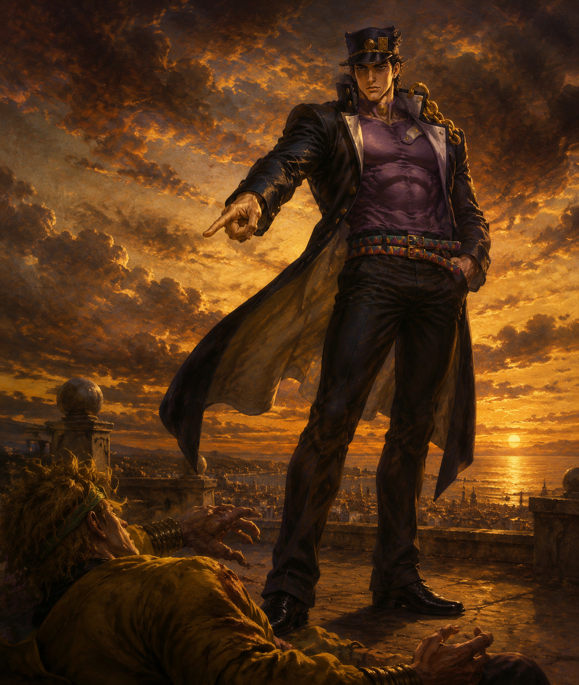 Pointing a finger toward a defeated enemy At a rooftop overlook during a golden sunset (detailed oil painting, moody chiaroscuro)