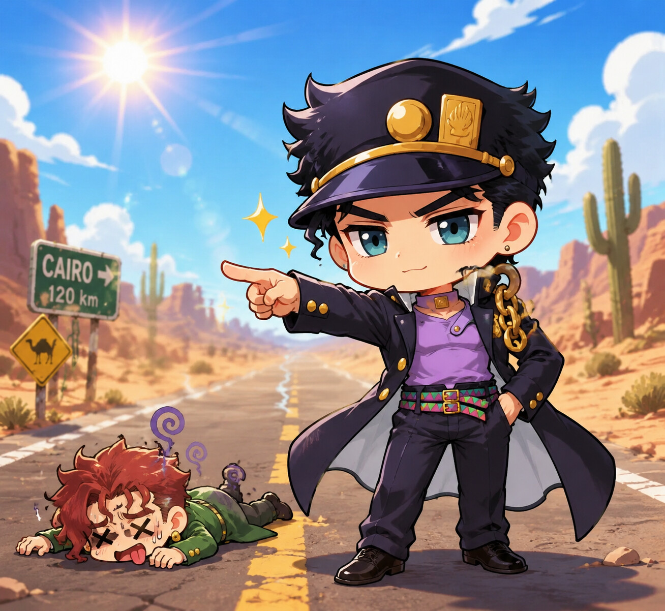 Pointing a finger toward a defeated enemy on a sun-drenched desert road with heat haze (chibi style)