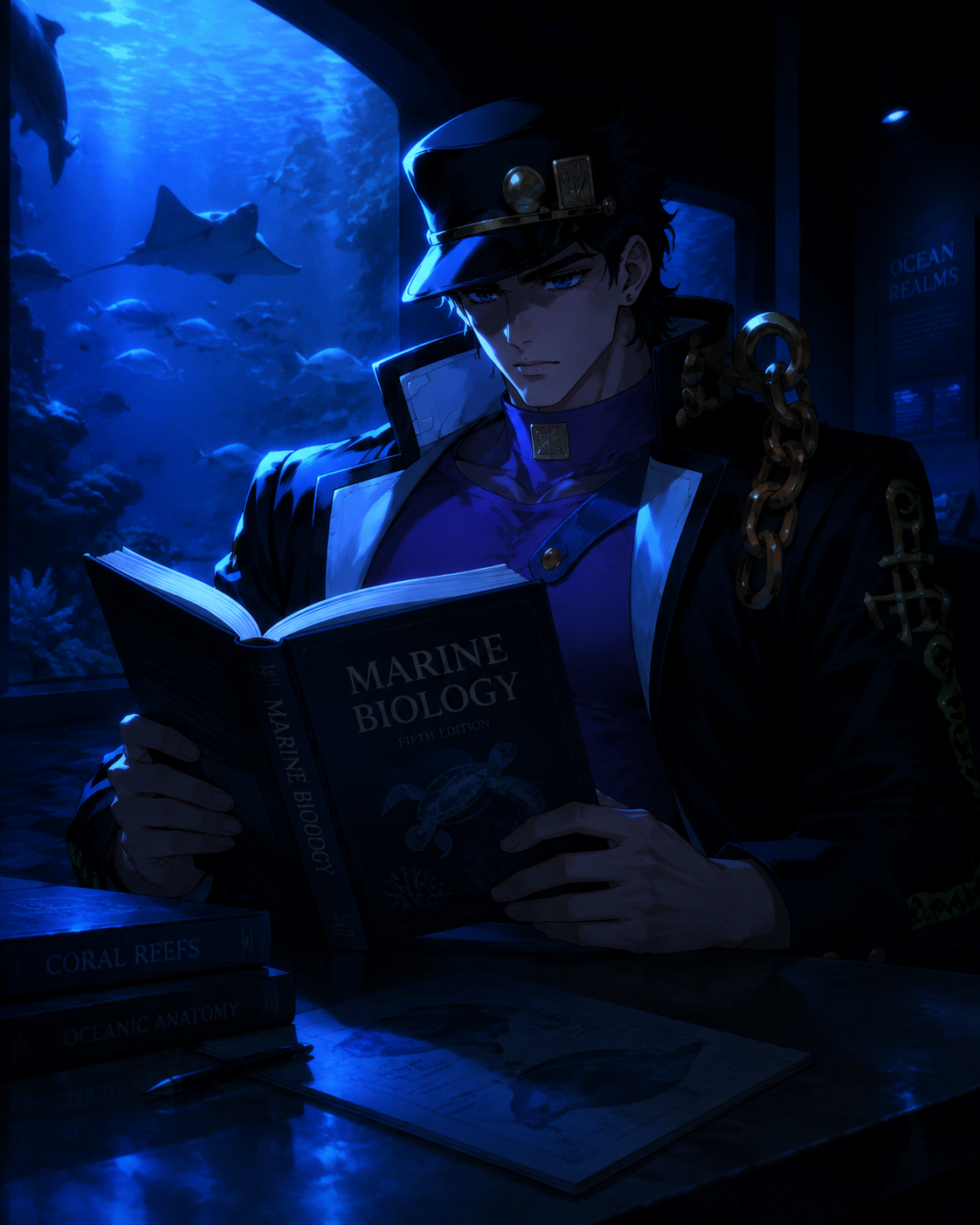 Reading a marine biology textbook silently At a quiet aquarium under blue light (cinematic noir, dramatic high-contrast shadows)