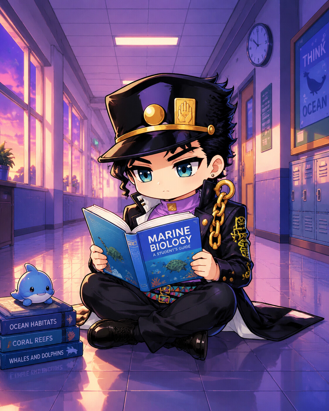 Reading a marine biology textbook silently in a deserted school hallway at dusk (chibi style)