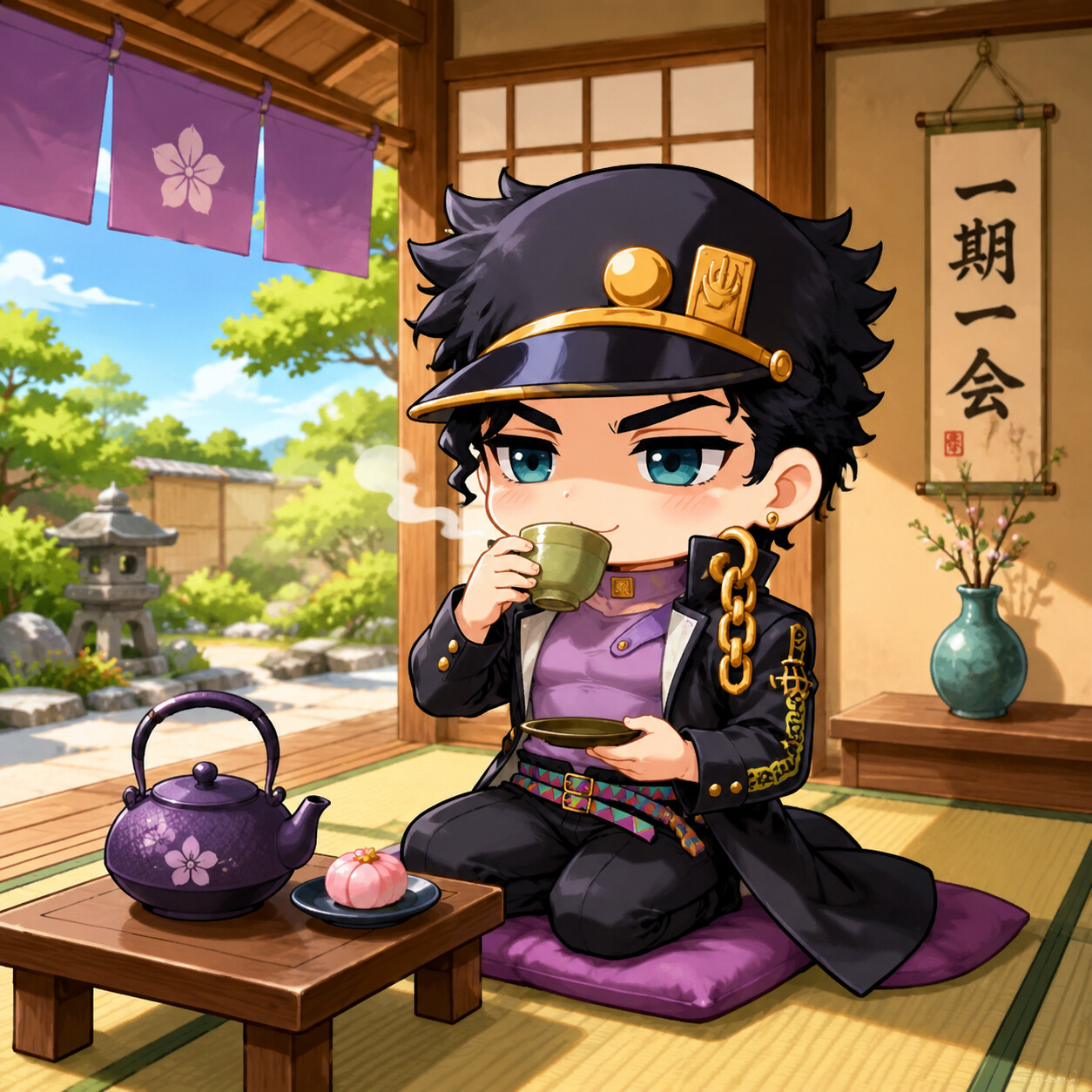 Sipping hot tea during a quiet break at a traditional Japanese tea house at noon (chibi style)