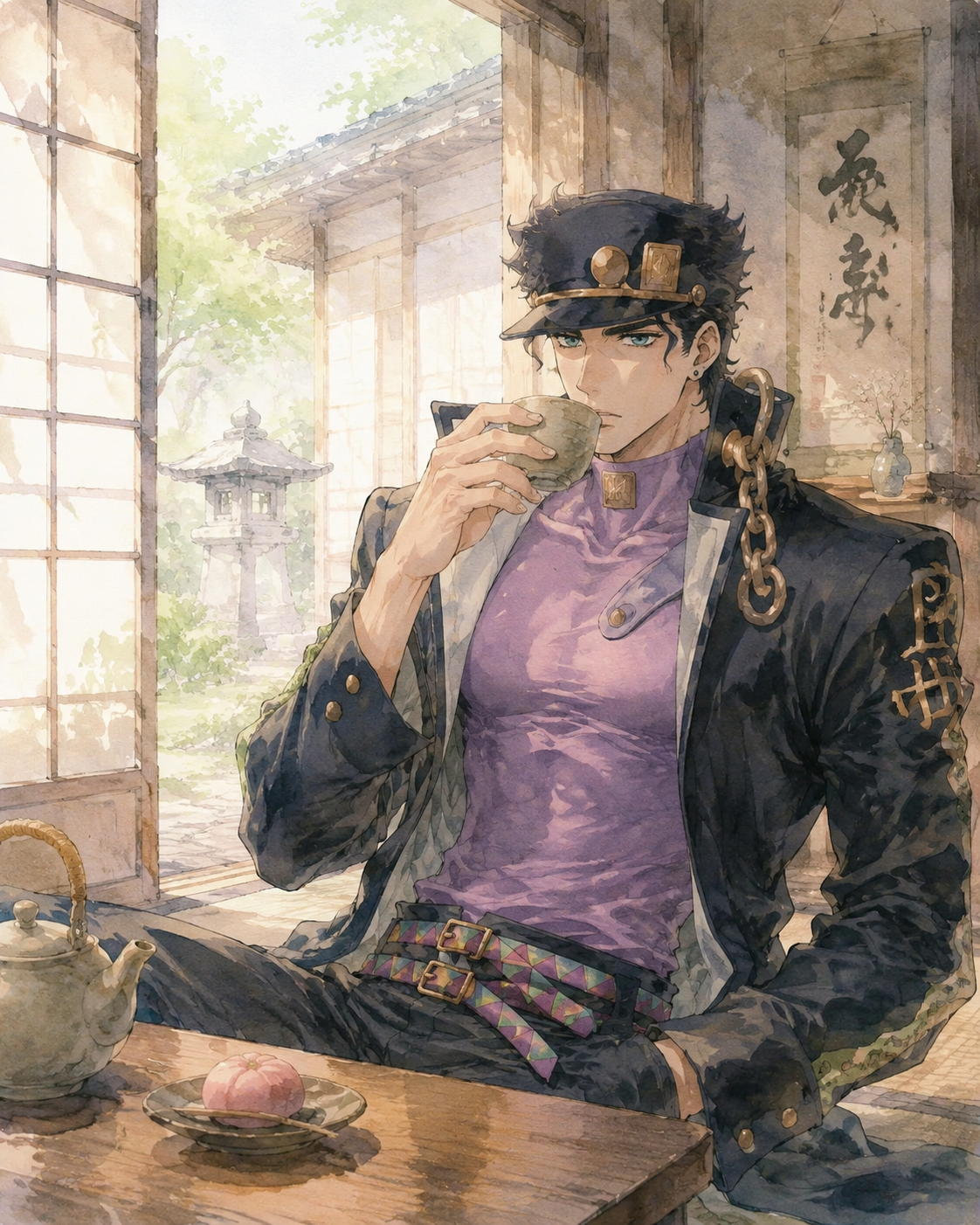 Sipping hot tea during a quiet break At a traditional Japanese tea house at noon (soft watercolor, hazy morning light)