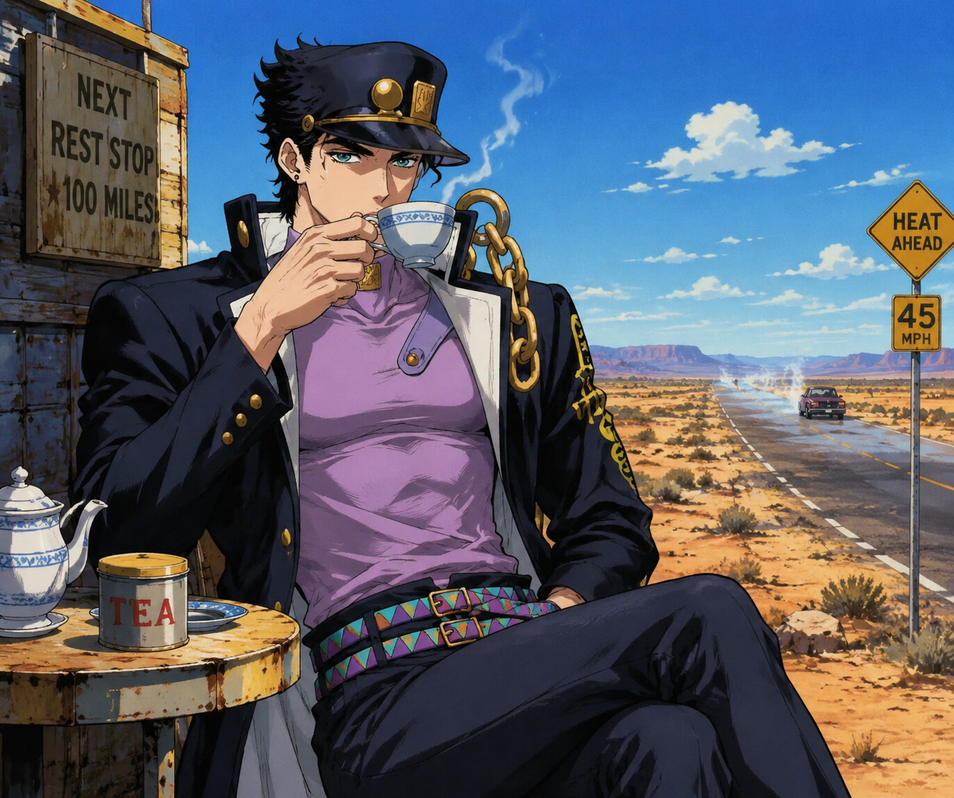 Sipping hot tea during a quiet break on a sun-drenched desert road with heat haze (90s retro anime style)