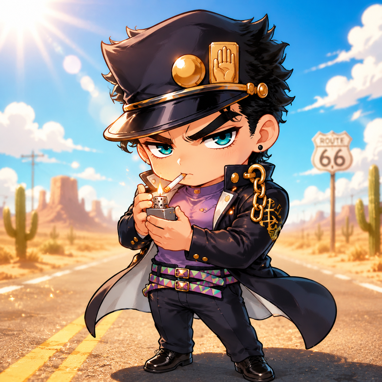 Staring intensely while lighting a cigarette On a sun-drenched desert road with heat haze (chibi style, bright and playful colors)