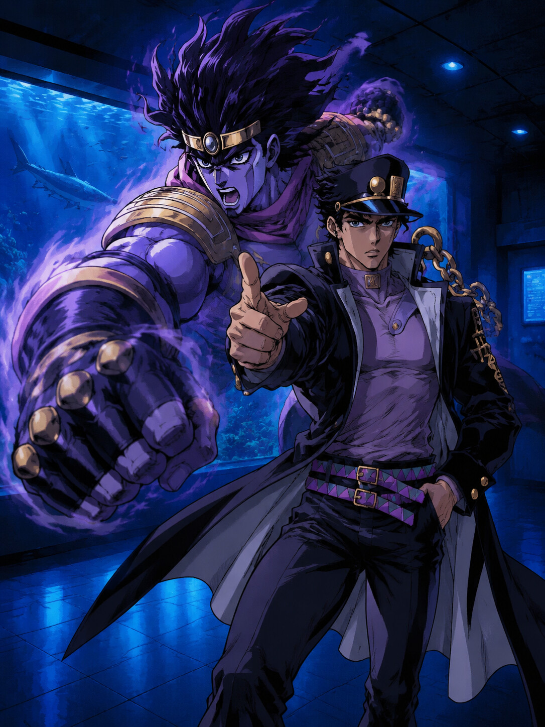 Summoning Star Platinum for a powerful punch at a quiet aquarium under blue light (90s retro anime style)
