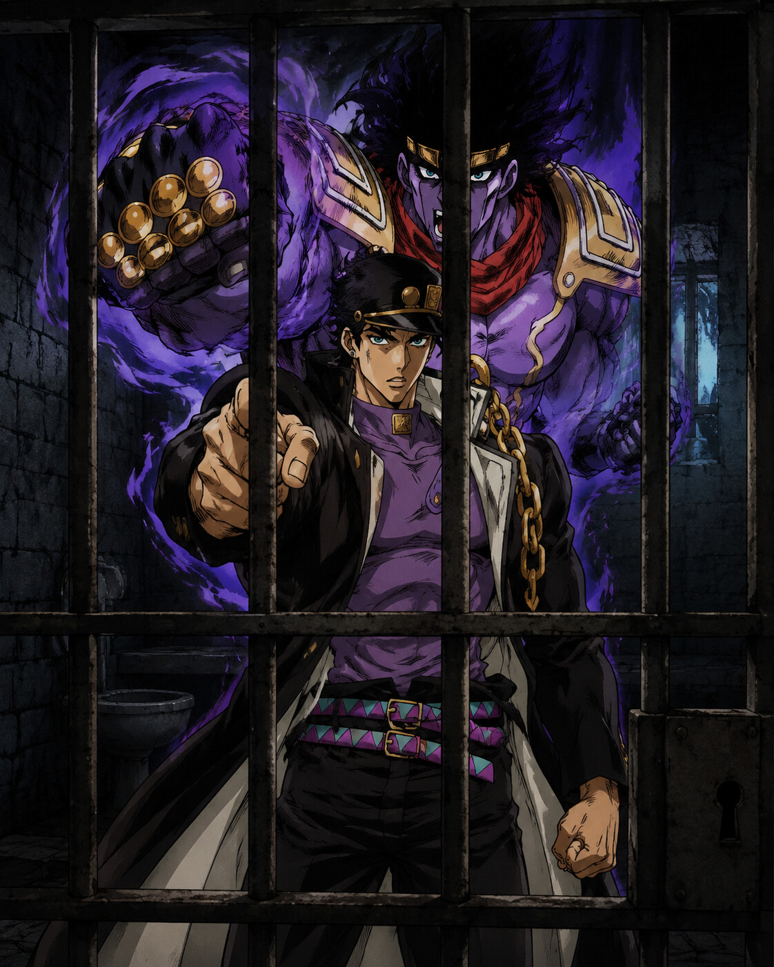 Summoning Star Platinum for a powerful punch in a dimly lit prison cell behind bars (90s retro anime style)