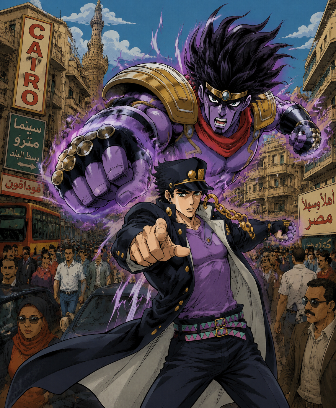 Summoning star platinum for a powerful punch On a crowded street in downtown Cairo (90s retro anime style, sharp ink lines)