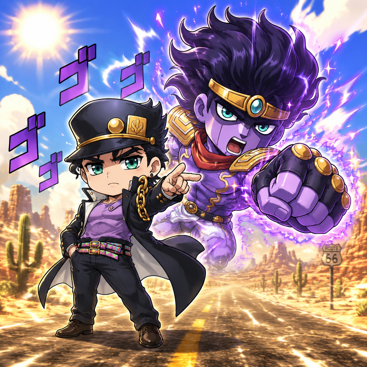 Summoning Star Platinum for a powerful punch on a sun-drenched desert road with heat haze (chibi style)