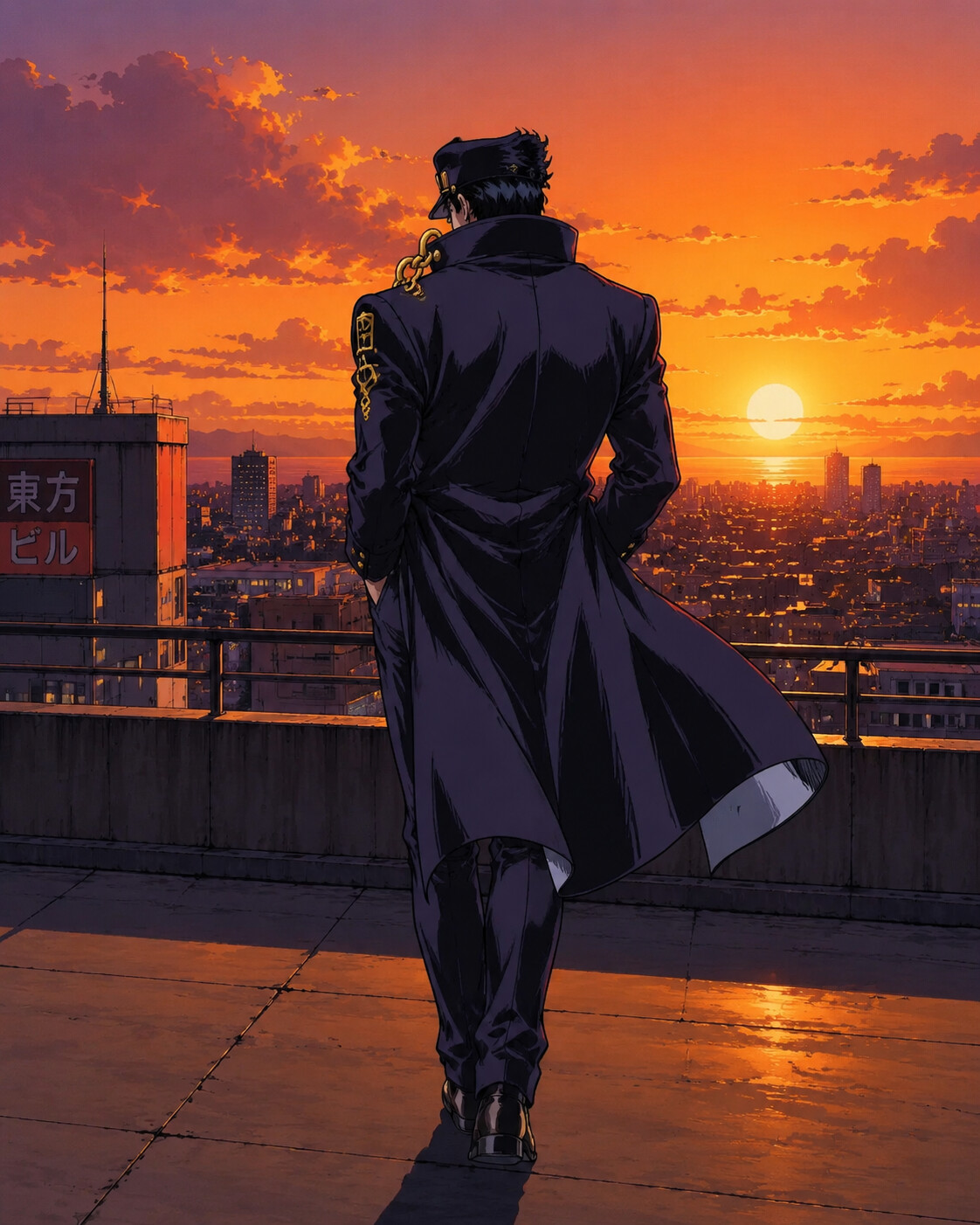 Walking away with hands deep in pockets at a rooftop overlook during a golden sunset (90s retro anime style)