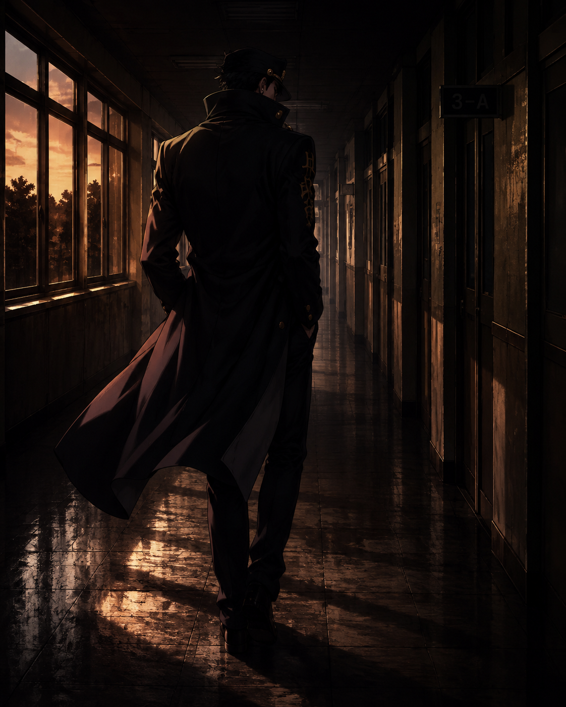 Walking away with hands deep in pockets In a deserted school hallway at dusk (cinematic noir, dramatic high-contrast shadows)