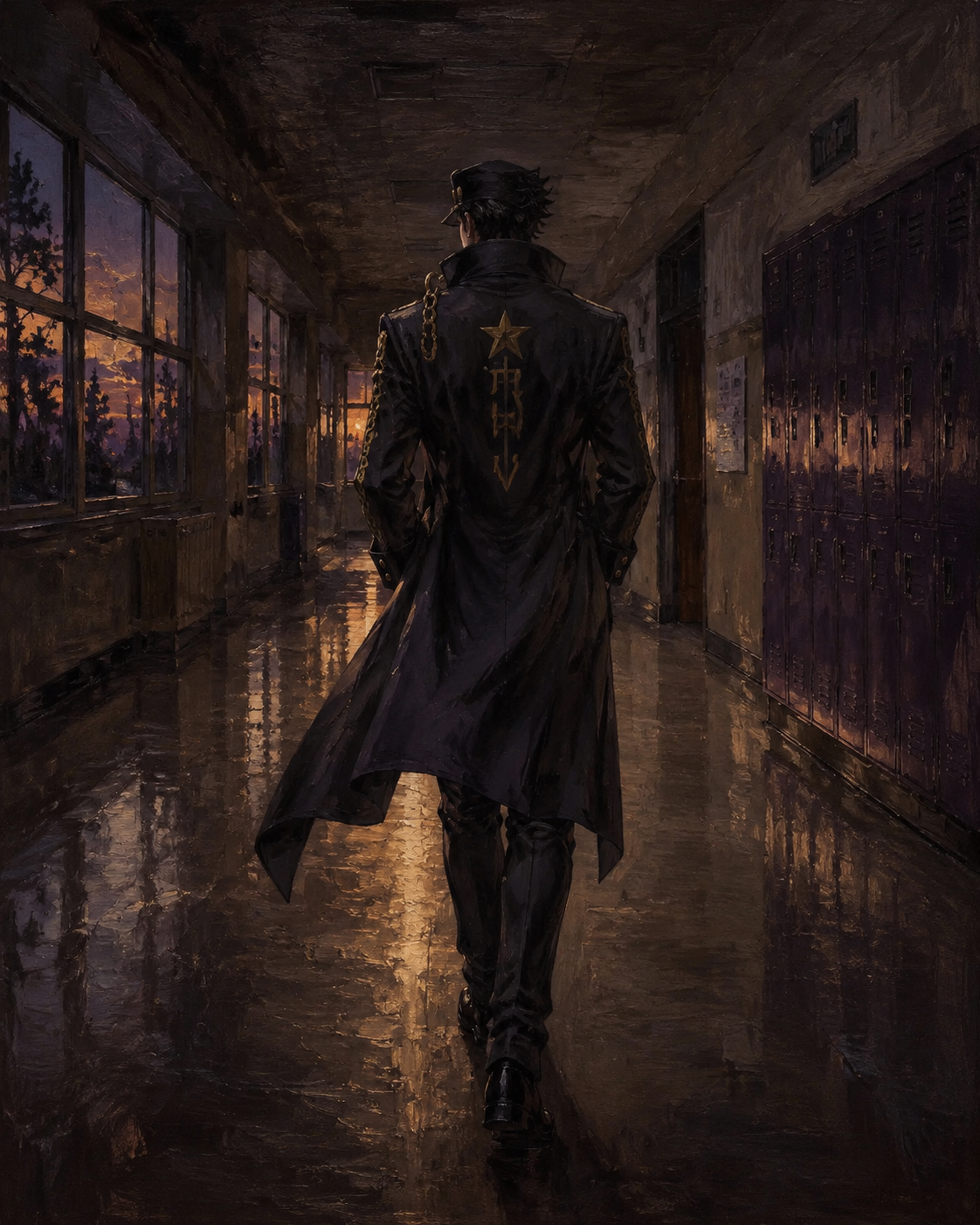 Walking away with hands deep in pockets In a deserted school hallway at dusk (detailed oil painting, moody chiaroscuro)