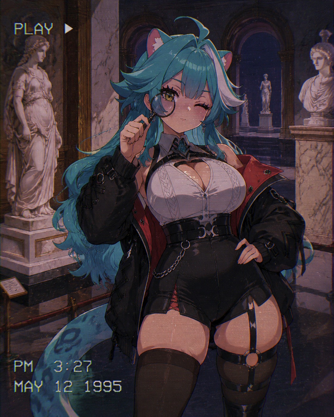 Adjusting her magnifying glass with a wink In a quiet museum filled with ancient marble statues (90s retro anime style, grainy VHS aesthetic)