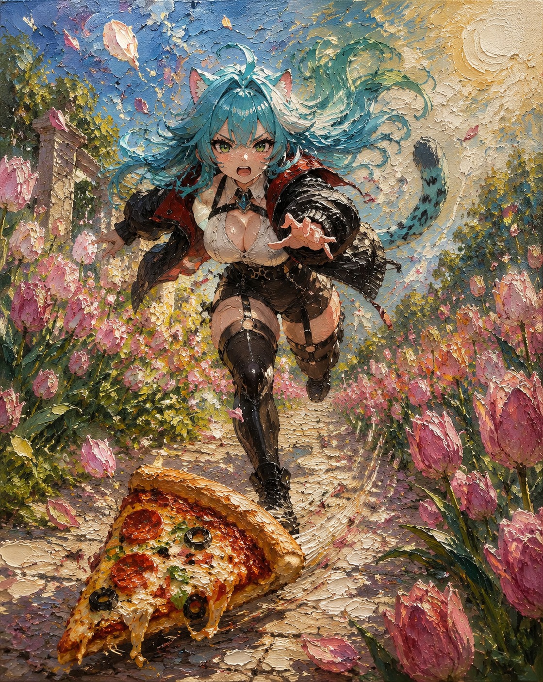 Chasing a rolling pizza slice In a sun-drenched flower garden filled with pink tulips (oil painting on canvas, heavy impasto textures)