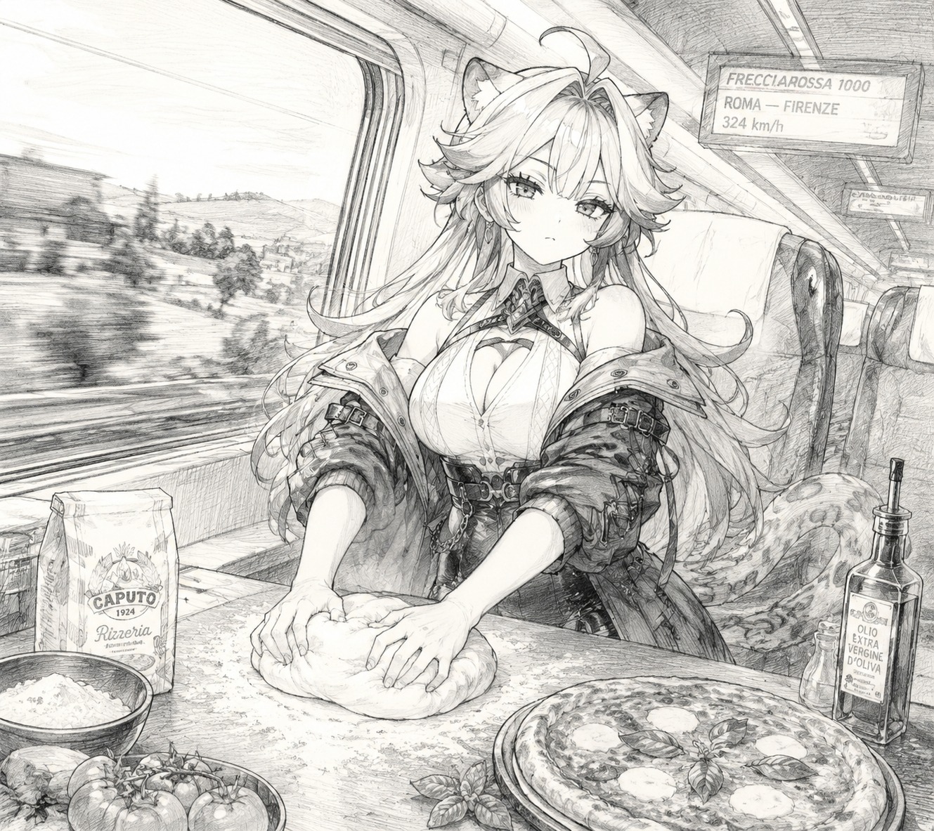 Kneading dough for a fresh margherita On a high-speed train speeding through the countryside (delicate pencil sketch, light charcoal shading)