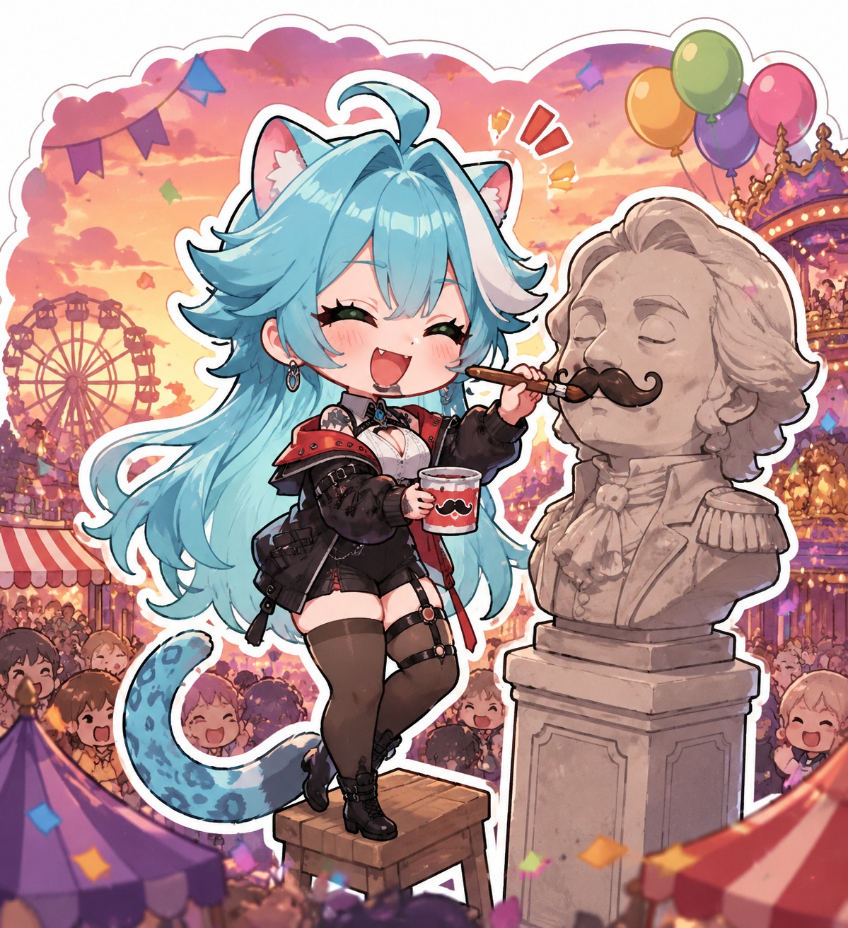Laughing as she paints a mustache on a statue At a bustling carnival during a sunset parade (chibi sticker art, bold outlines and pastels)