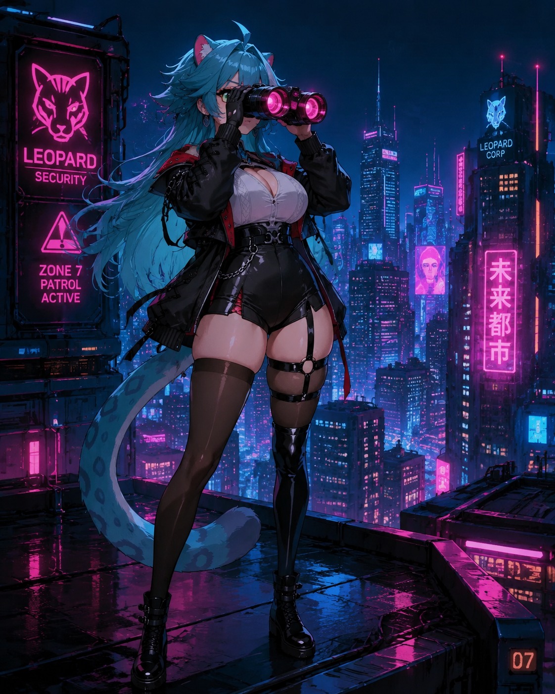 Scoping the perimeter through high-tech binoculars On a rooftop overlooking a futuristic neon city (sleek cyberpunk digital, neon pink accents)