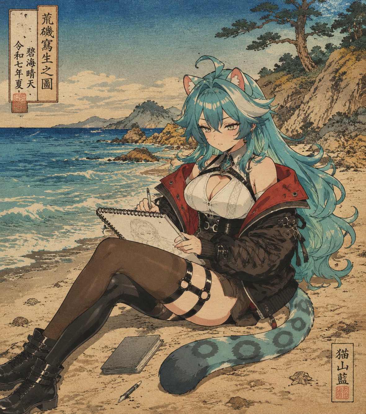 Sketching a portrait in her notebook On a sandy beach beside a crystal clear ocean (Ukiyo-e woodblock print, traditional Japanese pigments)